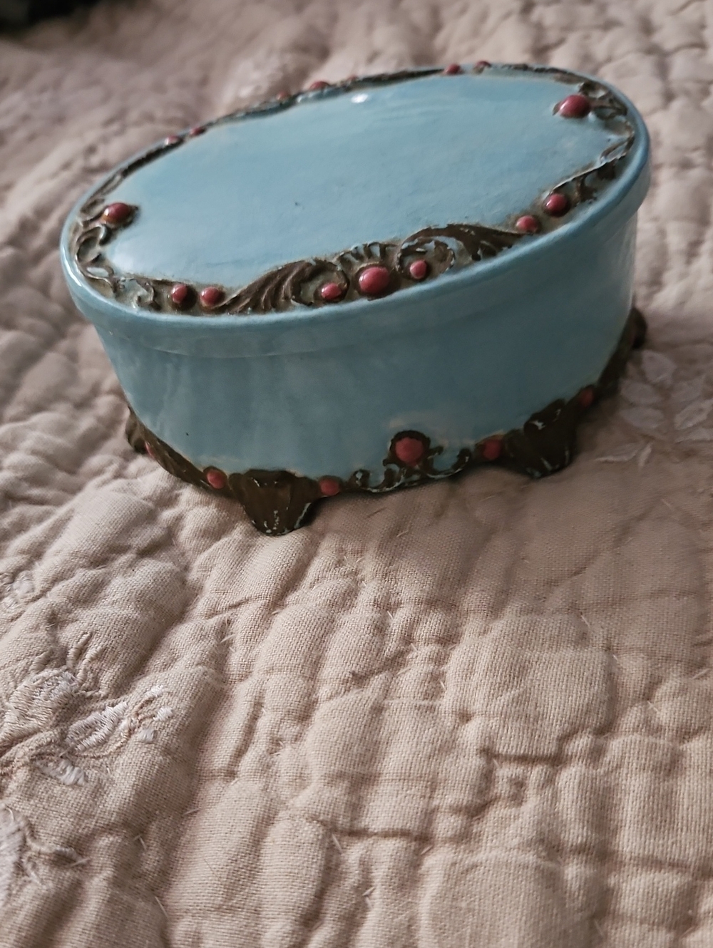 Blue Oval Decorative Trinket Box with Pink Accents
